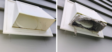 Exterior dryer vent before and after removal of heavy lint blockage